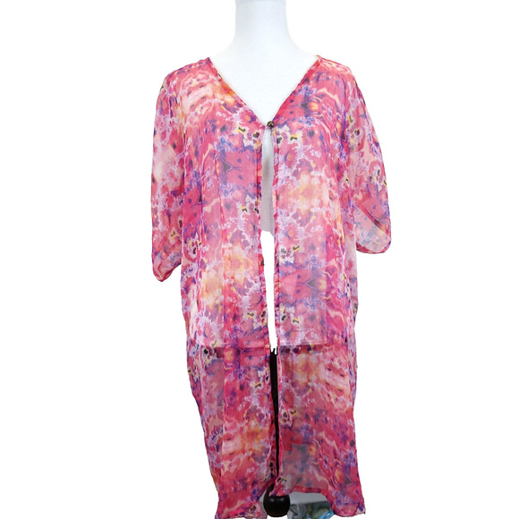 Cardigan Kimono Cover Up Sheer Ruched Back 1 Button Women OS Pink Purple Beach - Picture 1 of 12